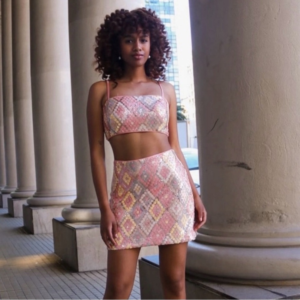 Caroline Constas Pink Sequin Diamond-Print Mini Skirt Set
